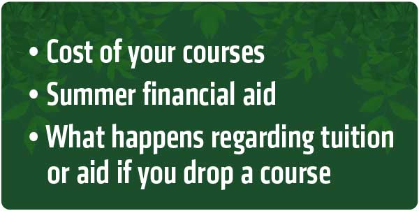Contact the Office of Financial Aid for course costs, financial aid, and how dropping a course affects tuition and aid.
