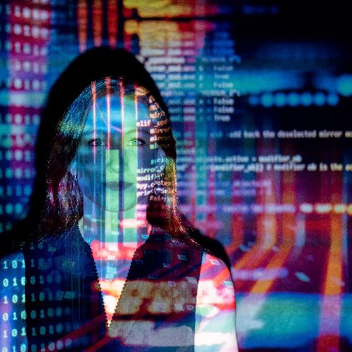 woman superimposed with cyber text