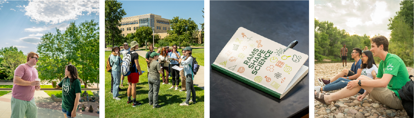 Students enjoying having coffee together, a campus class outdoors, hanging out by the Poudre River, and a science notebook.