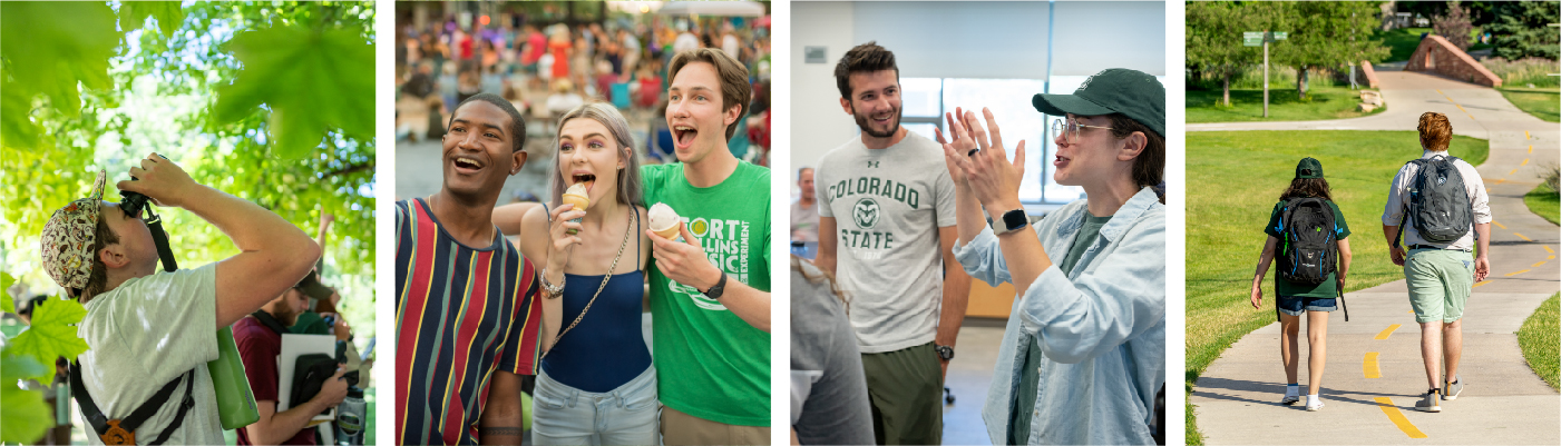 Students conducting research, enjoying ice cream downtown, engaging a professor, and heading home after a day of study.