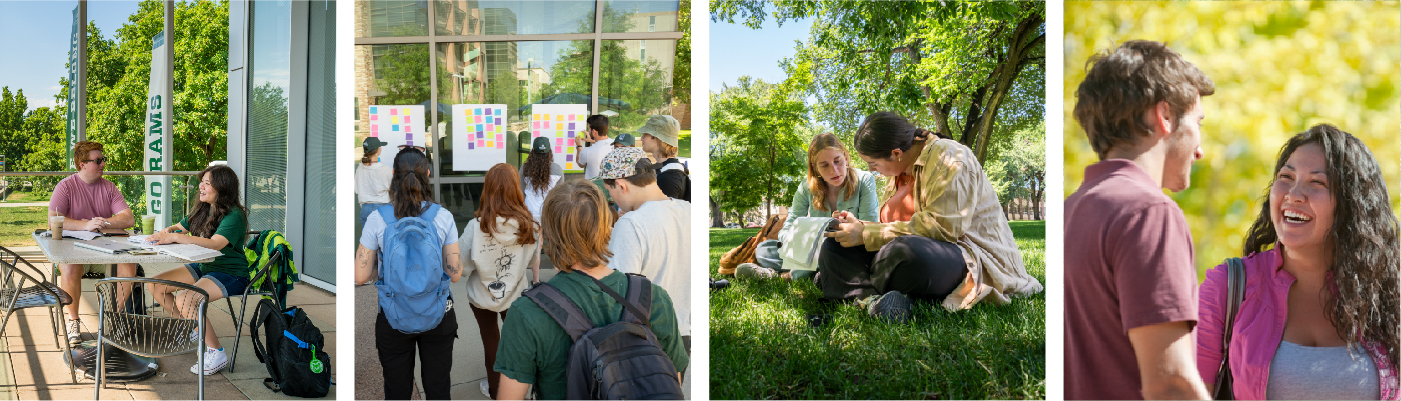 Students study and have coffee, give feedback with sticky notes, discuss research notes on the Oval, and laugh together.