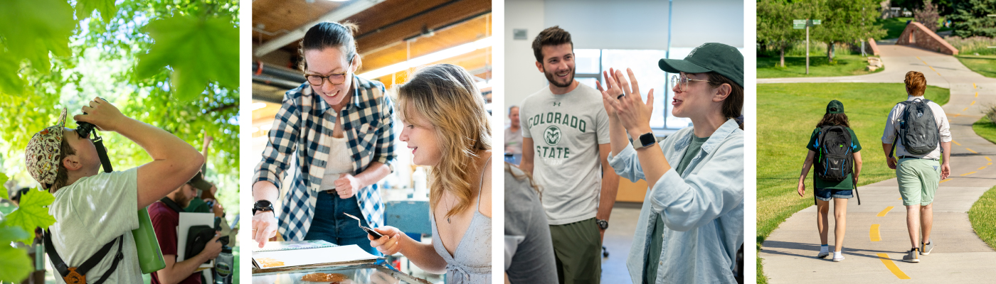 Web banner with a student researching outdoors, individual students learning from and listening to instructors, and two friends walking together.