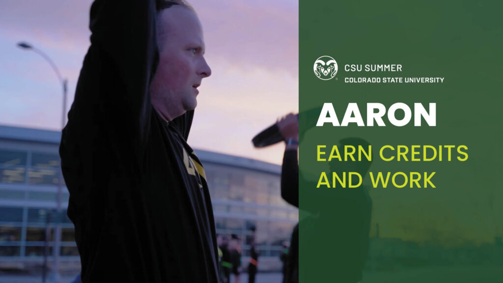 Colorado State University summer session student doing burpees with ROTC classmates with colorful sunrise in background. Video title: Earn credits and work.